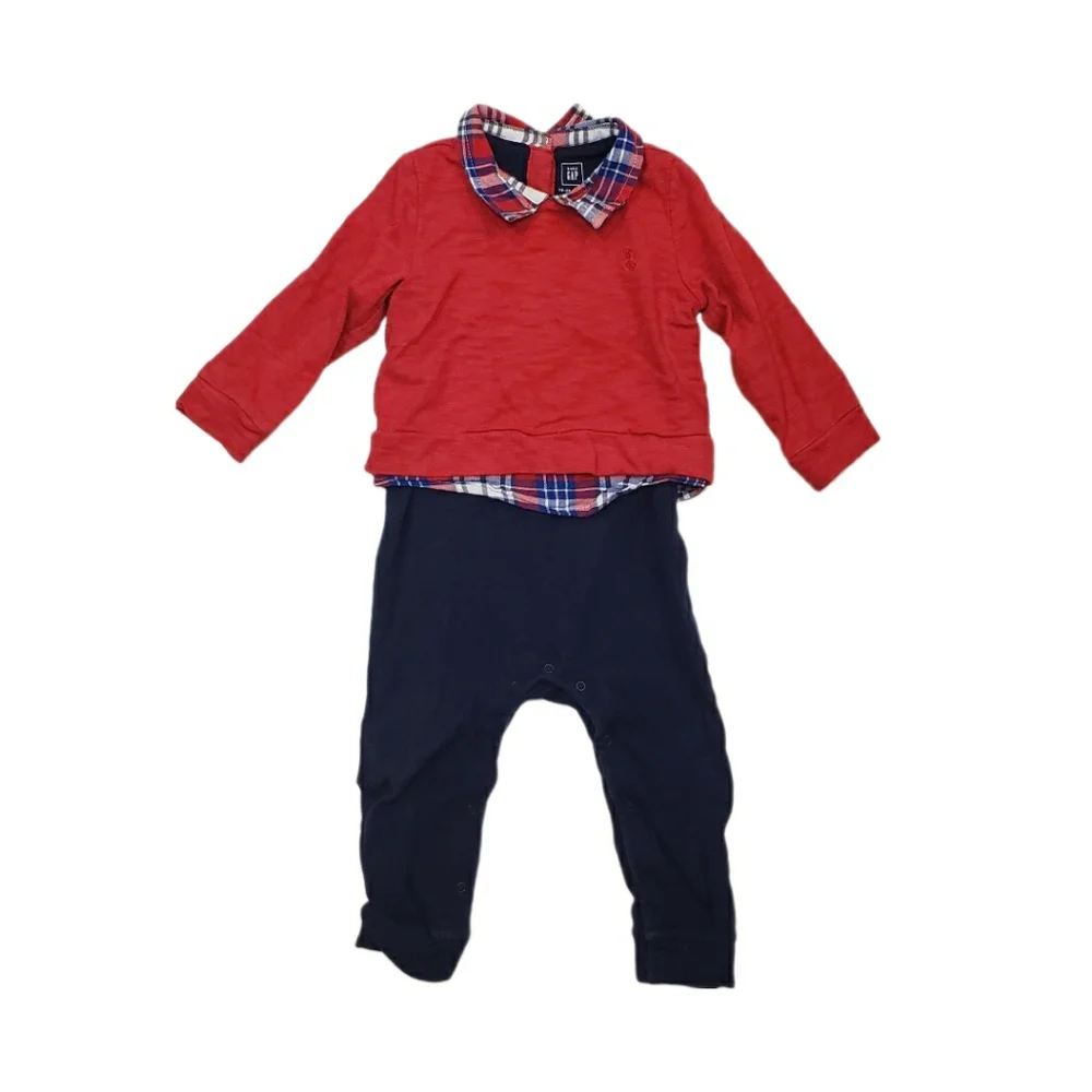Baby Gap 18-24m Red Top with Plaid Collar and Navy Bottoms One Piece Jumpsuit